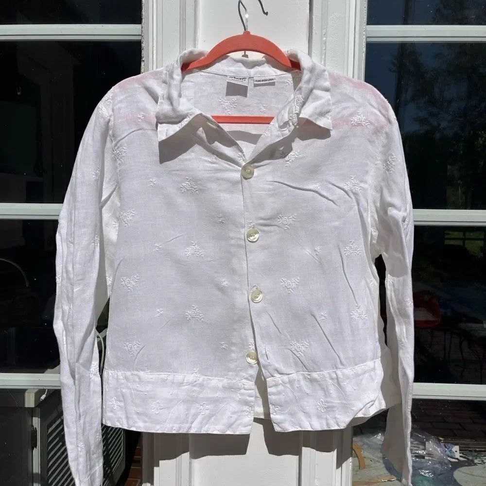 CP Shades Pure Irish Linen Embroidered Button Down Blouse